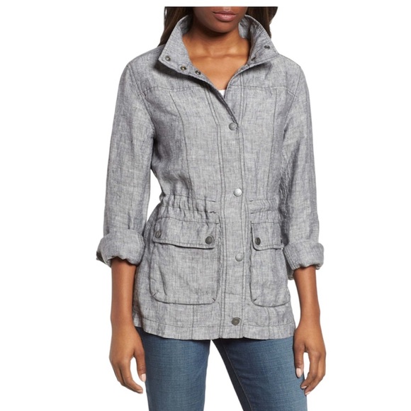 Caslon Women’s Cinch Waist Linen Utility Jacket Heather Black Small Petite - Picture 1 of 10